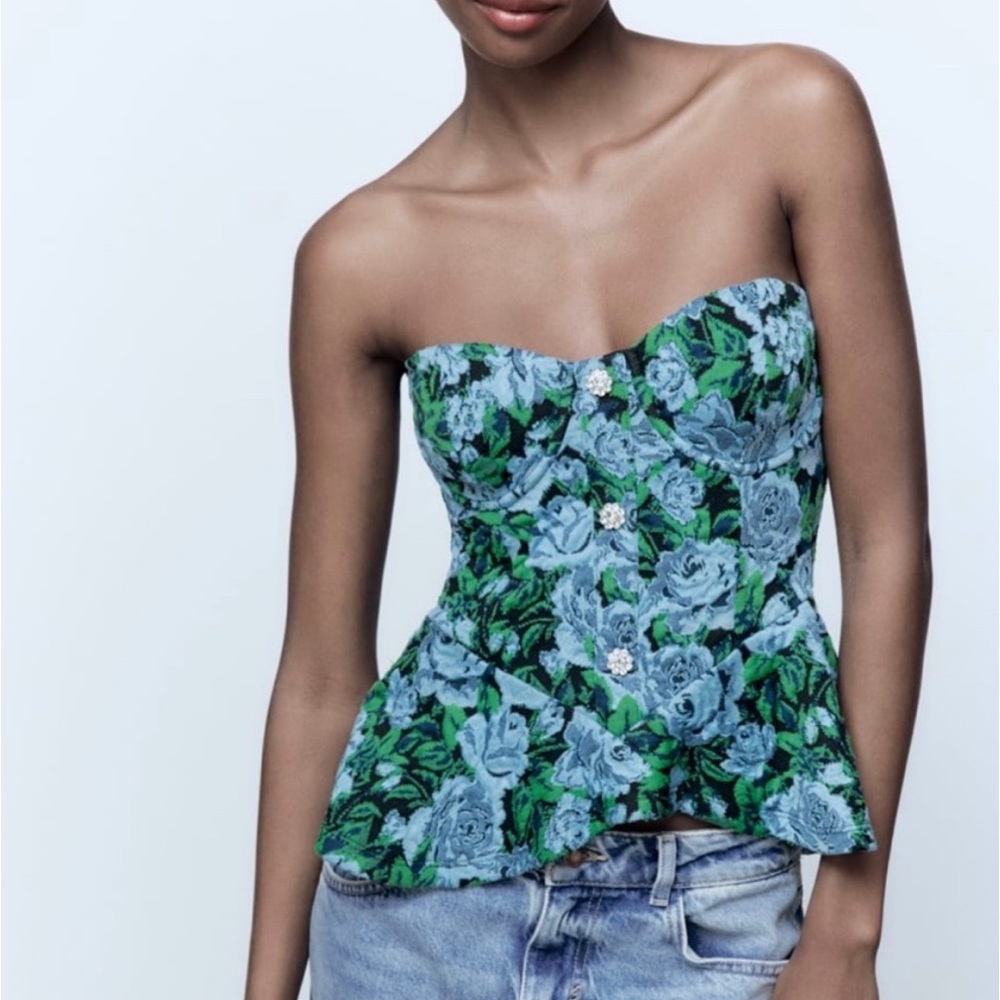 Zara Floral Aqua Blue Jacquard Ruffled Strapless Bustier Rhinestone Crop Top - S